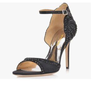 XYD Black Peep Toe D'Orsay Stiletto Heel Rhinestone Studs Ankle Strap Sandals